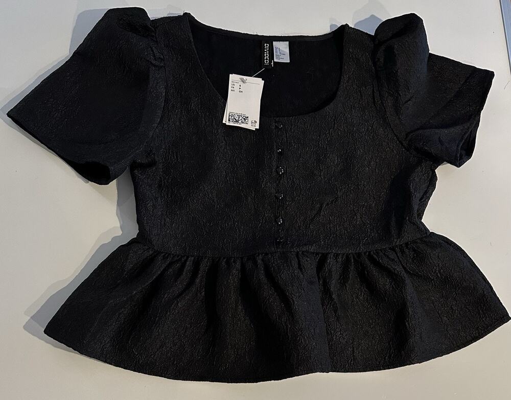 Divided By H&M Brocade Peplum Top Black Sz Small Button Front Short Puff Sleeve